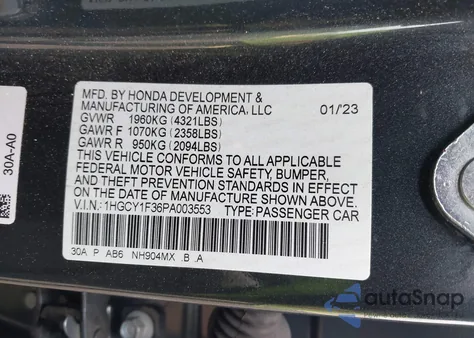 2023 Honda Accord Ex z USA, uszkodzony, nr VIN 1HGCY1F36PA003553